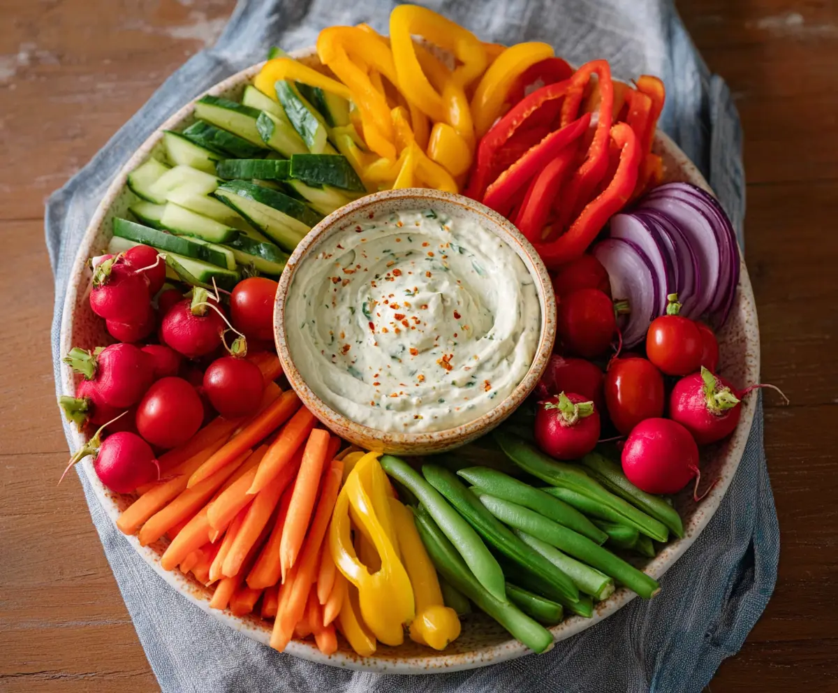 Colorful veggie platter with fresh dip for healthy snacking