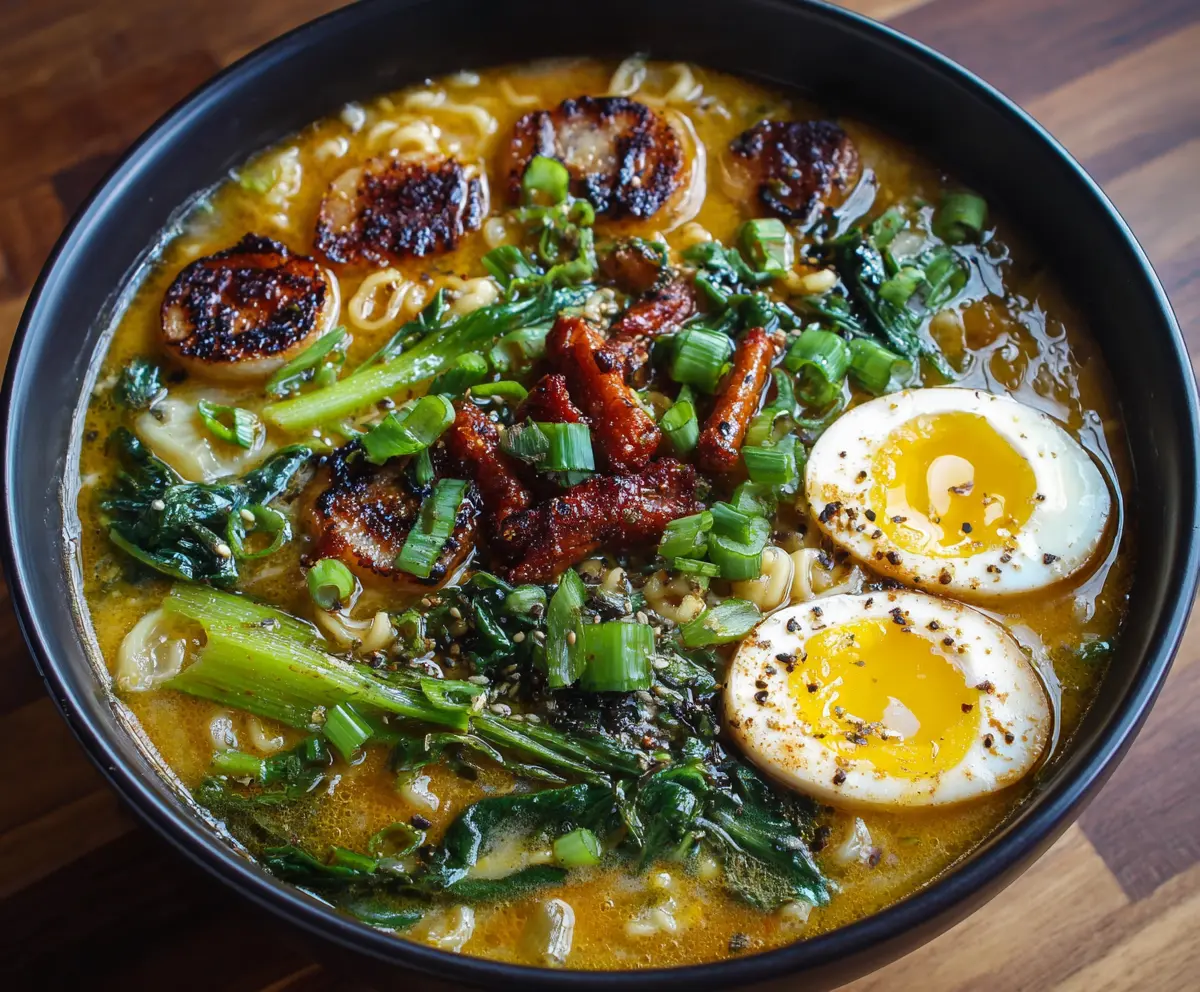 A steaming bowl of Egg Drop Ramen Soup with soft-boiled eggs, noodles, and green onions.