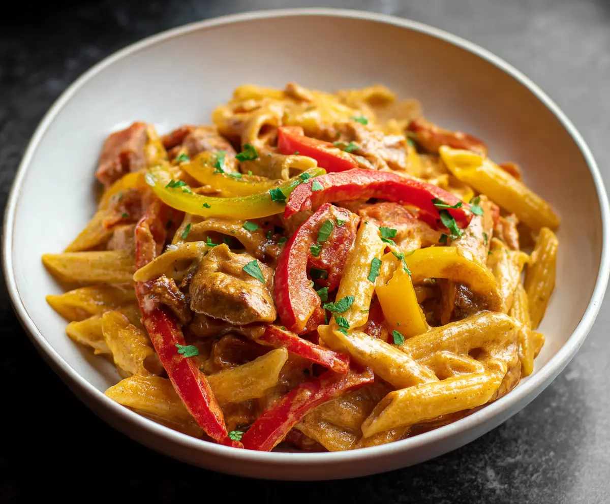 Delicious Fajita Pasta with colorful bell peppers and melted cheese in a serving dish