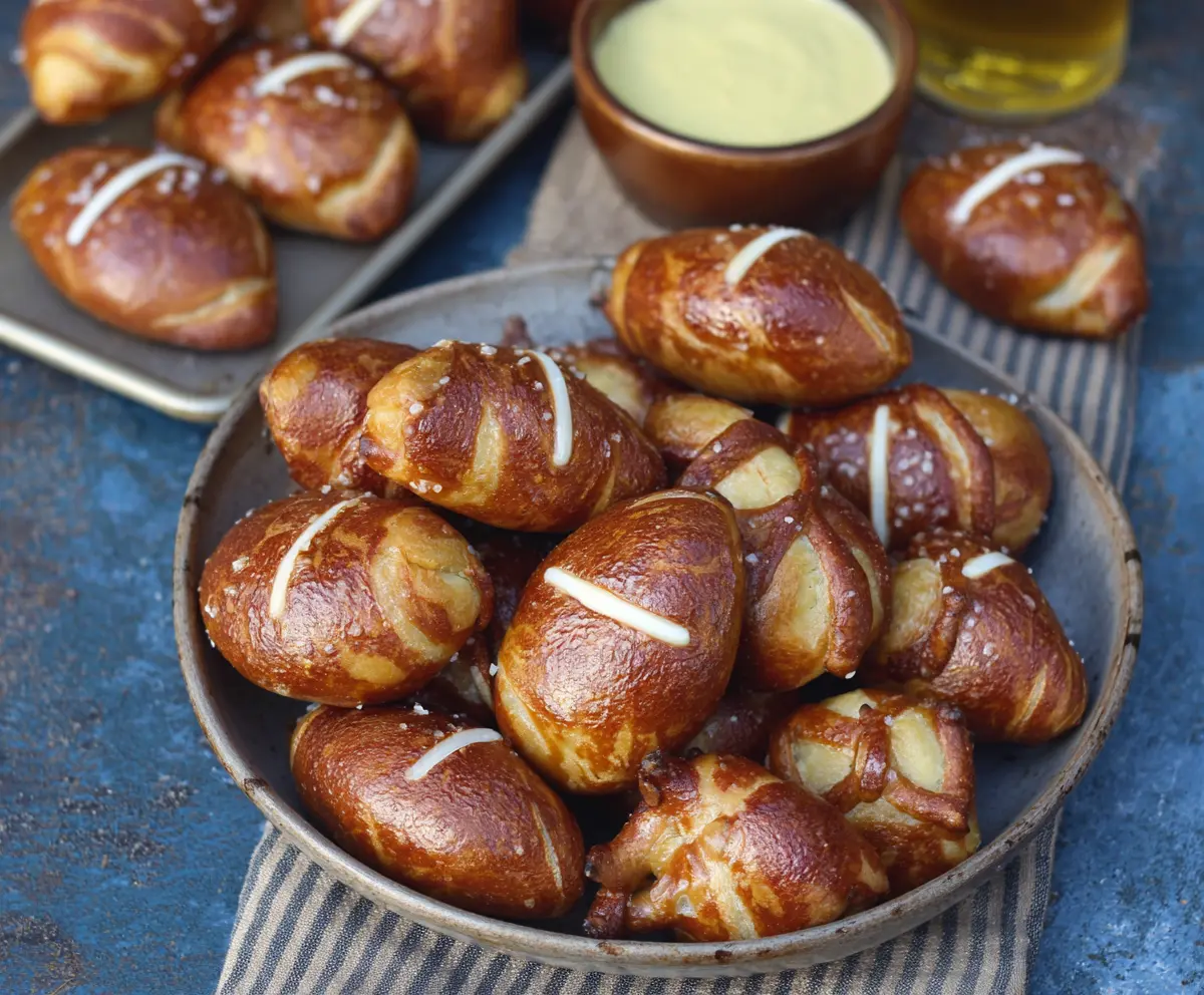 Football-shaped soft pretzel bites on a plate, perfect for game day snacking