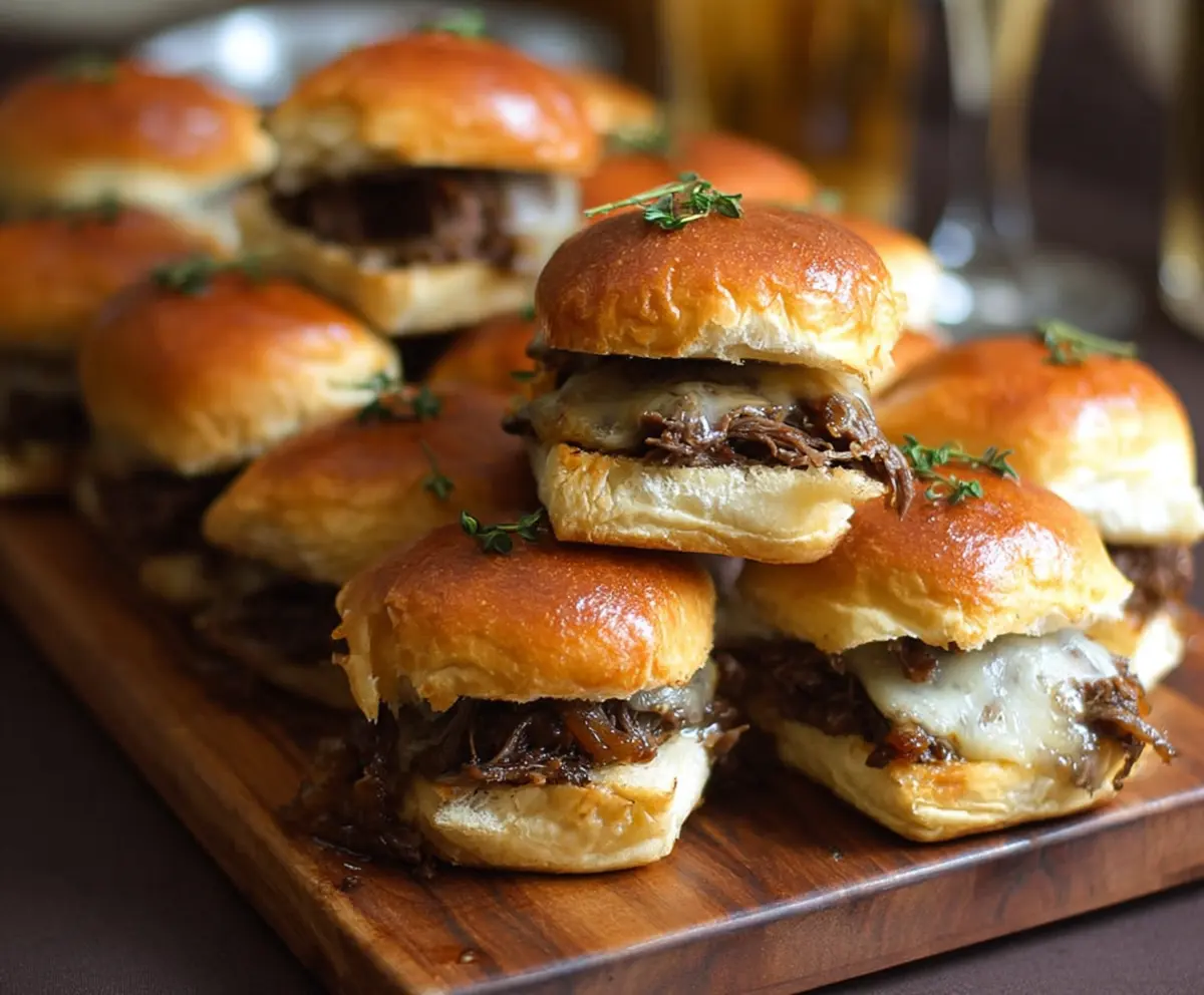 Delicious French Onion Beef Sliders with caramelized onions and melted cheese, perfect for appetizers.