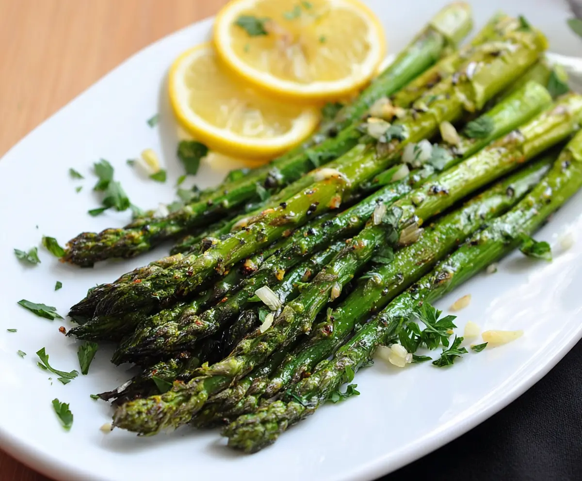 Delicious garlic herb roasted asparagus on a white plate, garnished with fresh herbs