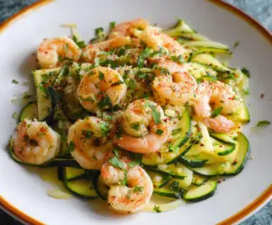 Delicious garlic shrimp with zucchini in a skillet, perfect for a healthy seafood dinner