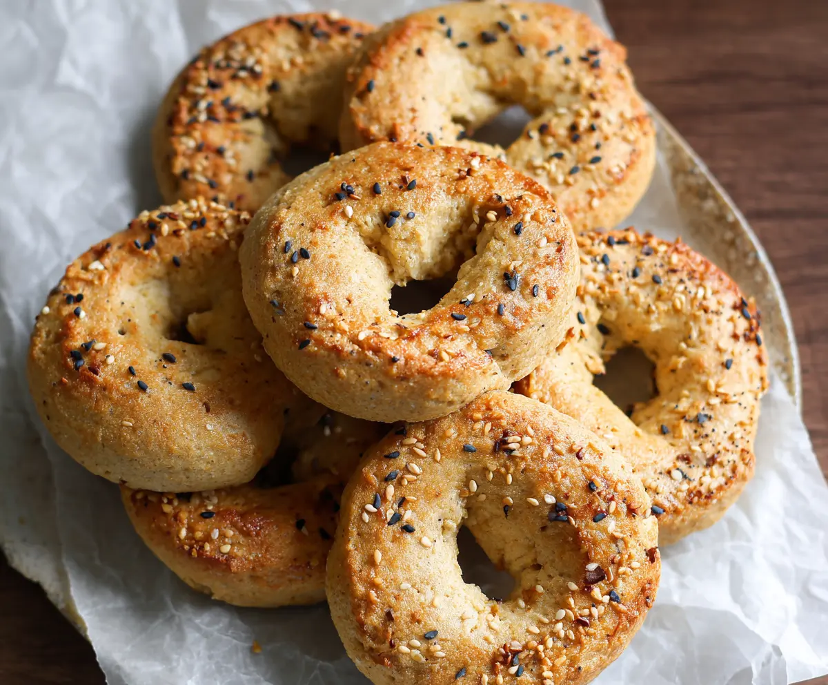 Delicious gluten-free Greek yogurt bagels on a plate with fresh toppings