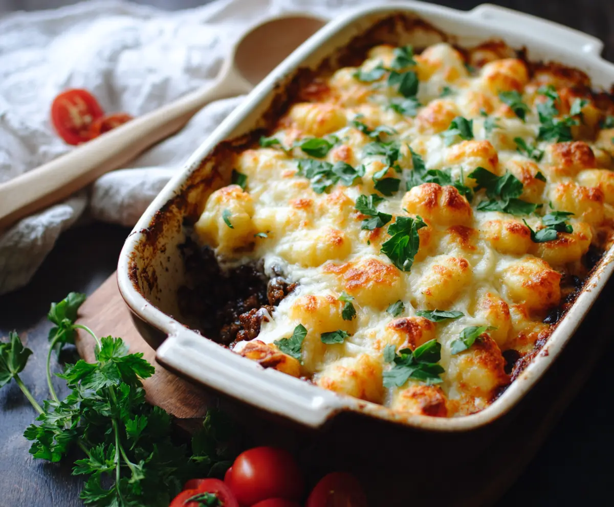 Delicious Gnocchi Shepherd's Pie topped with golden cheese and fresh herbs.