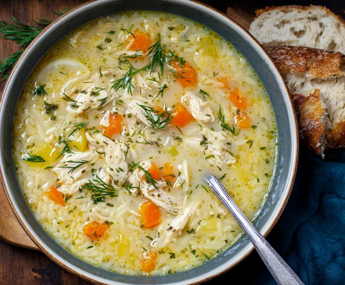 Delicious Greek Lemon Chicken Soup served in a bowl with fresh herbs and lemon slices