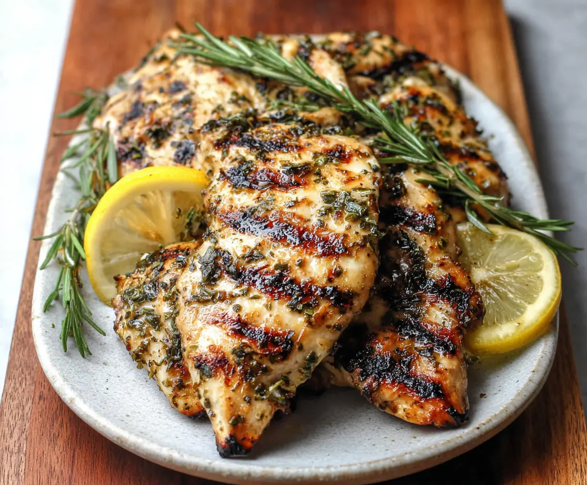 Juicy grilled lemon herb chicken served on a plate with fresh herbs.