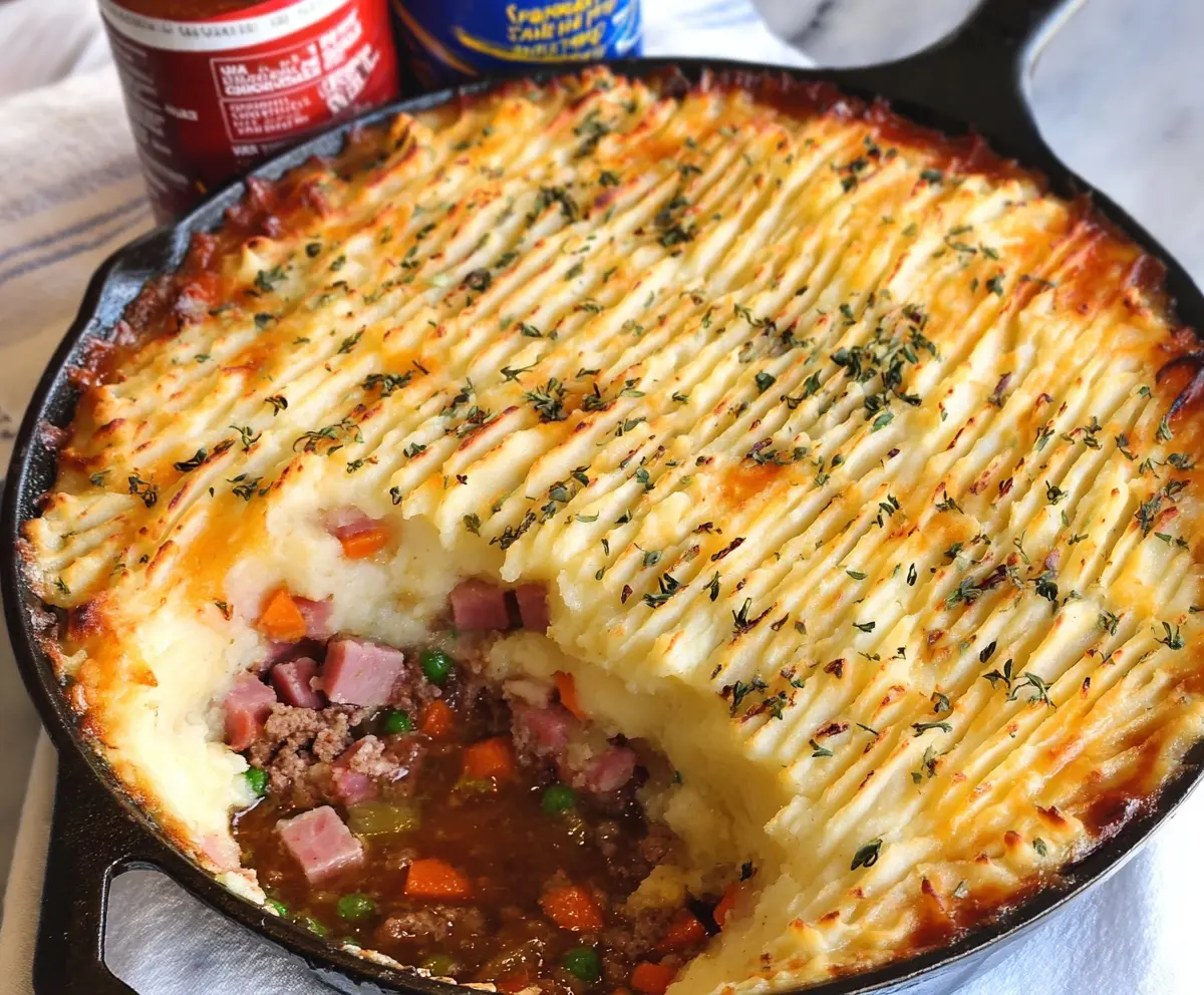 Delicious homemade Ham Shepherd's Pie with mashed potato topping and savory ham filling.