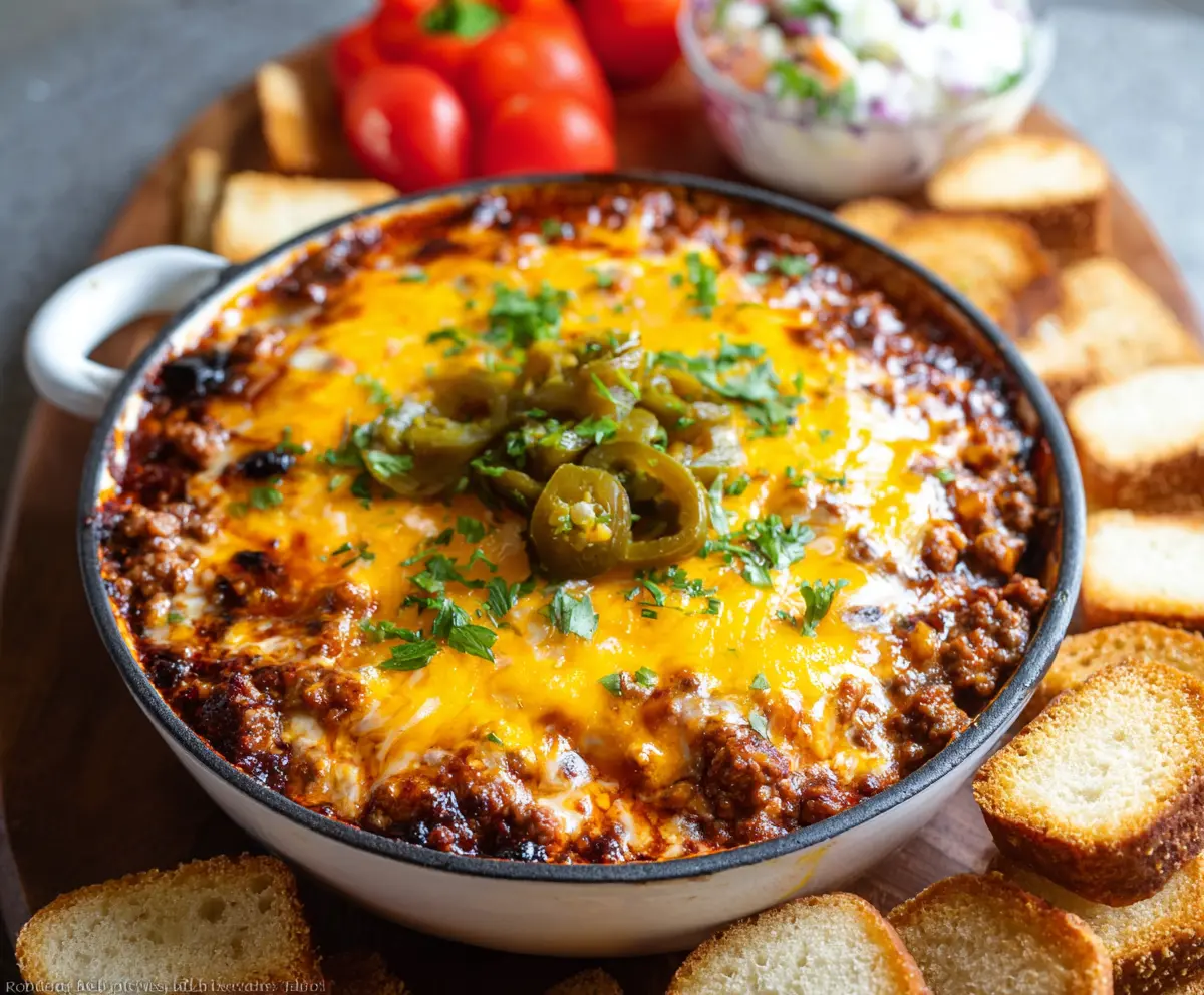 Delicious hamburger meat dip served with crispy tortilla chips for a tasty appetizer.