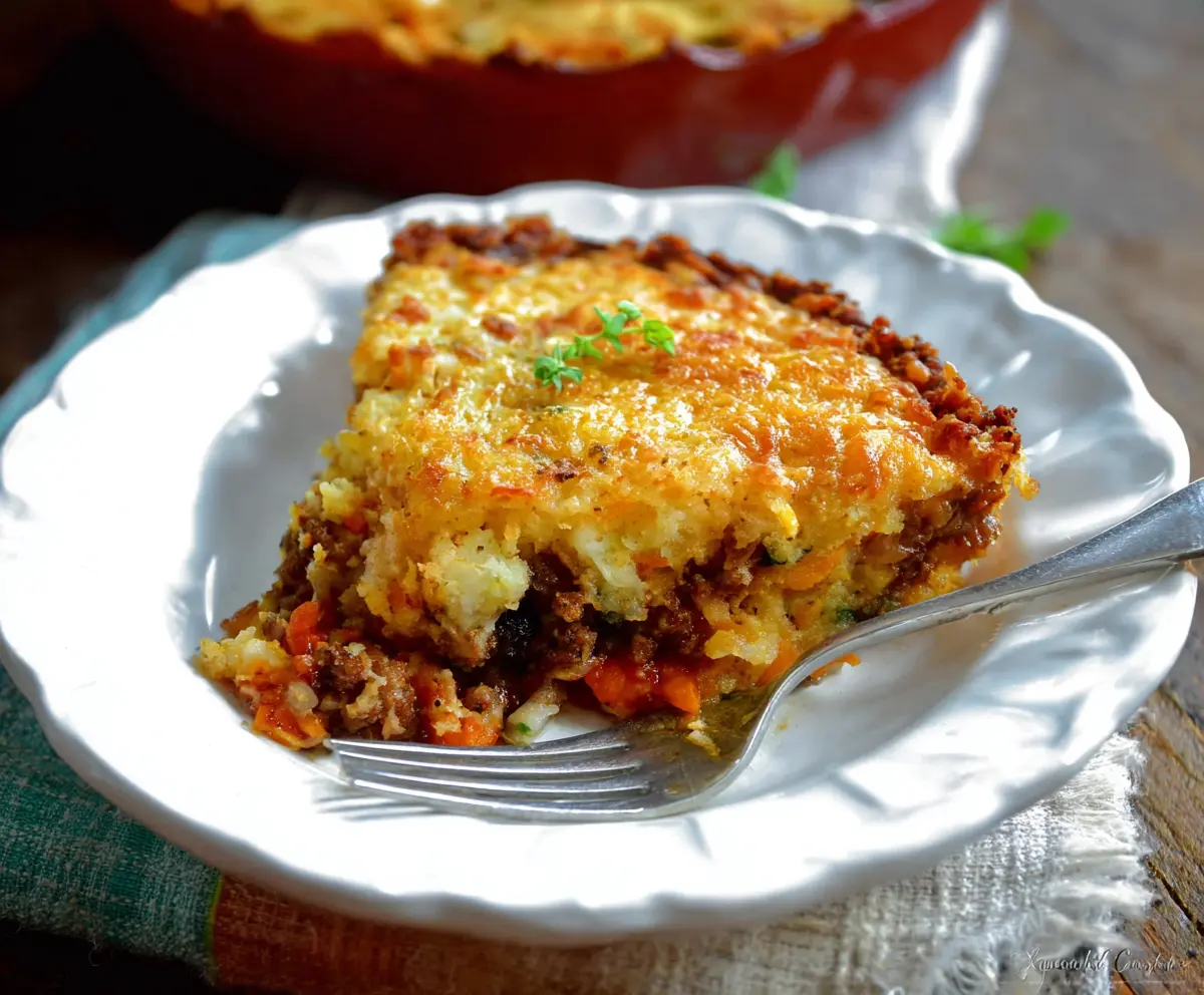 Delicious Hash Brown Shepherd's Pie with crispy golden hash browns and savory filling.
