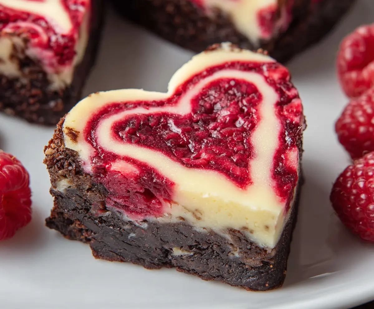 Delicious heart-shaped raspberry cheesecake brownies with a rich, creamy topping and a chocolate base.