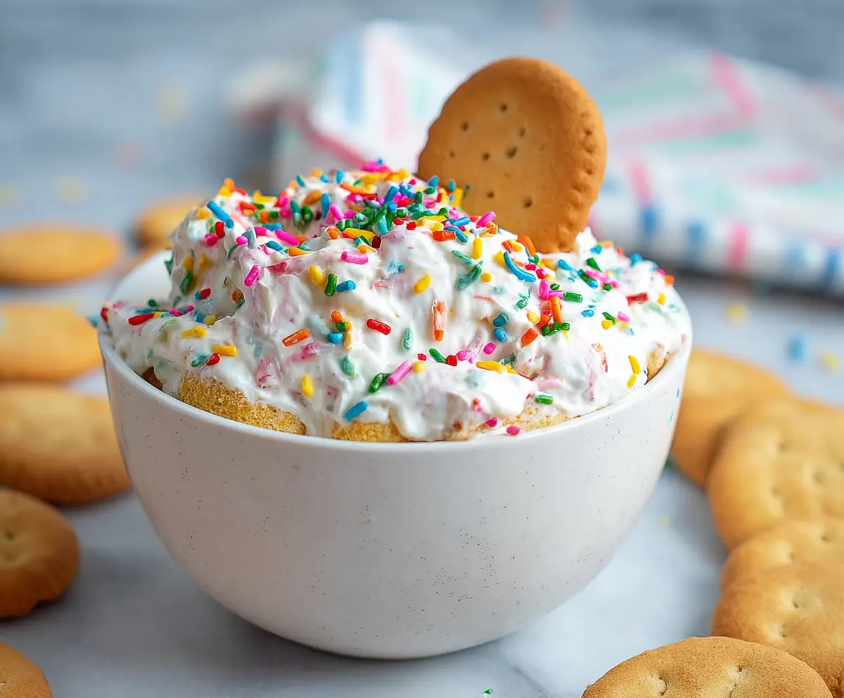 Colorful homemade Funfetti dip served with sprinkles on top, perfect for parties and celebrations.