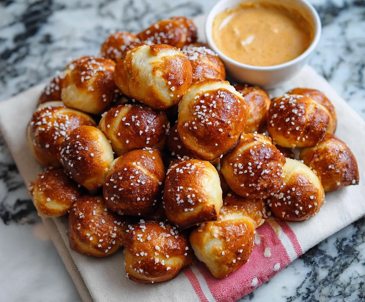 Delicious homemade soft pretzel bites served with salt and mustard dip.