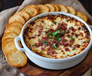 Creamy hot smoked Gouda bacon dip served in a bowl with crispy bacon on top.