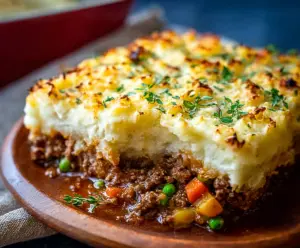 Delicious Lamb Shepherd's Pie topped with golden mashed potatoes and savory lamb filling.