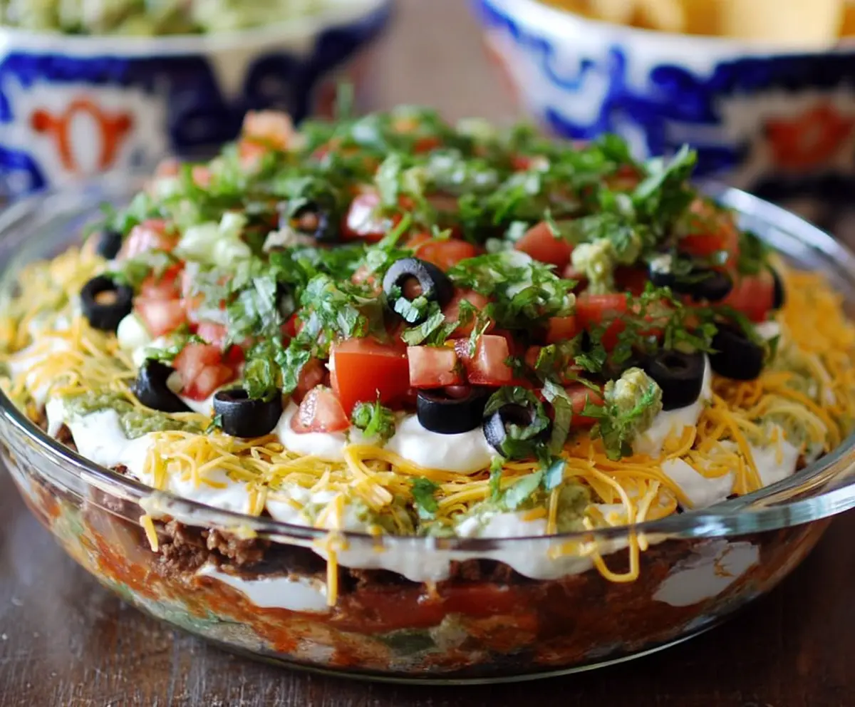 Colorful layered Tex-Mex dip with layers of cheese, tomatoes, and sour cream in a clear glass dish.