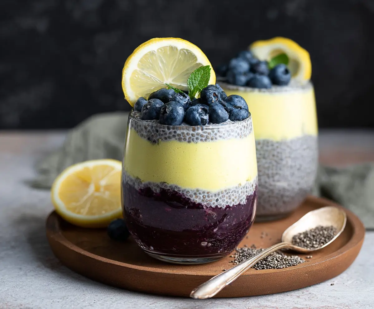 Creamy lemon blueberry chia pudding in a glass bowl topped with fresh blueberries and lemon zest.