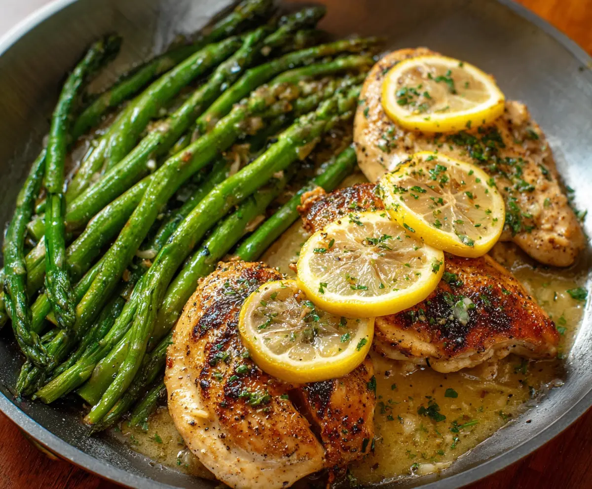 Juicy Lemon Butter Garlic Chicken served with fresh green asparagus on a white plate.