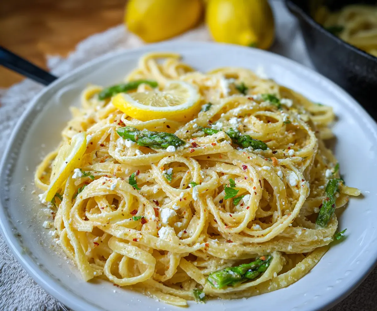 Creamy Lemon Feta Pasta with fresh herbs and zesty lemon slices on a white plate.