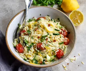 Refreshing Lemon Orzo Pasta Salad with fresh herbs and vibrant ingredients