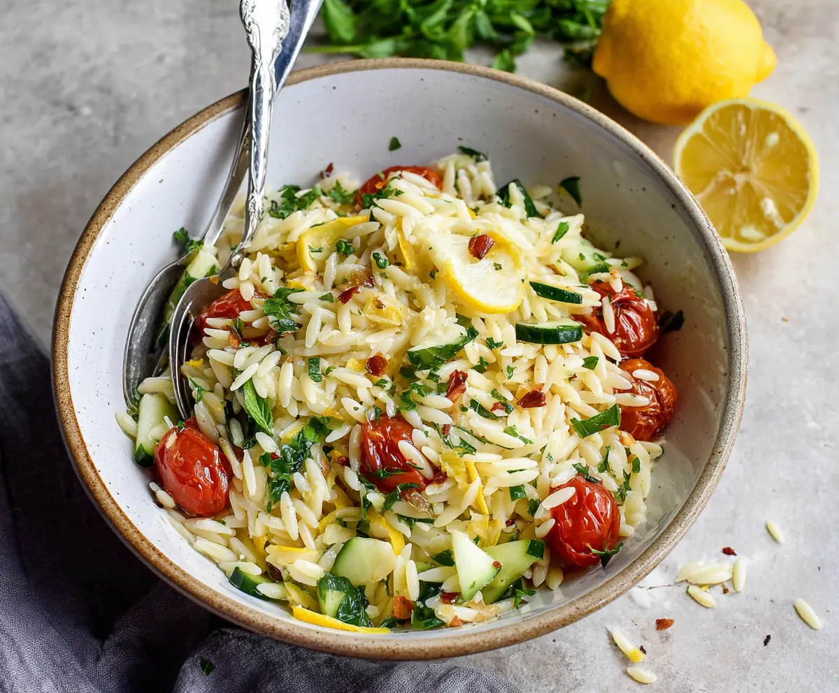 Refreshing Lemon Orzo Pasta Salad with fresh herbs and vibrant ingredients
