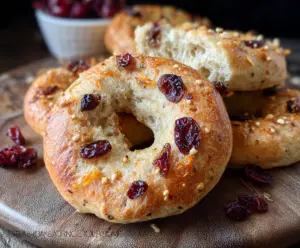 Delicious mini cranberry orange bagels with a golden crust and vibrant cranberry pieces.