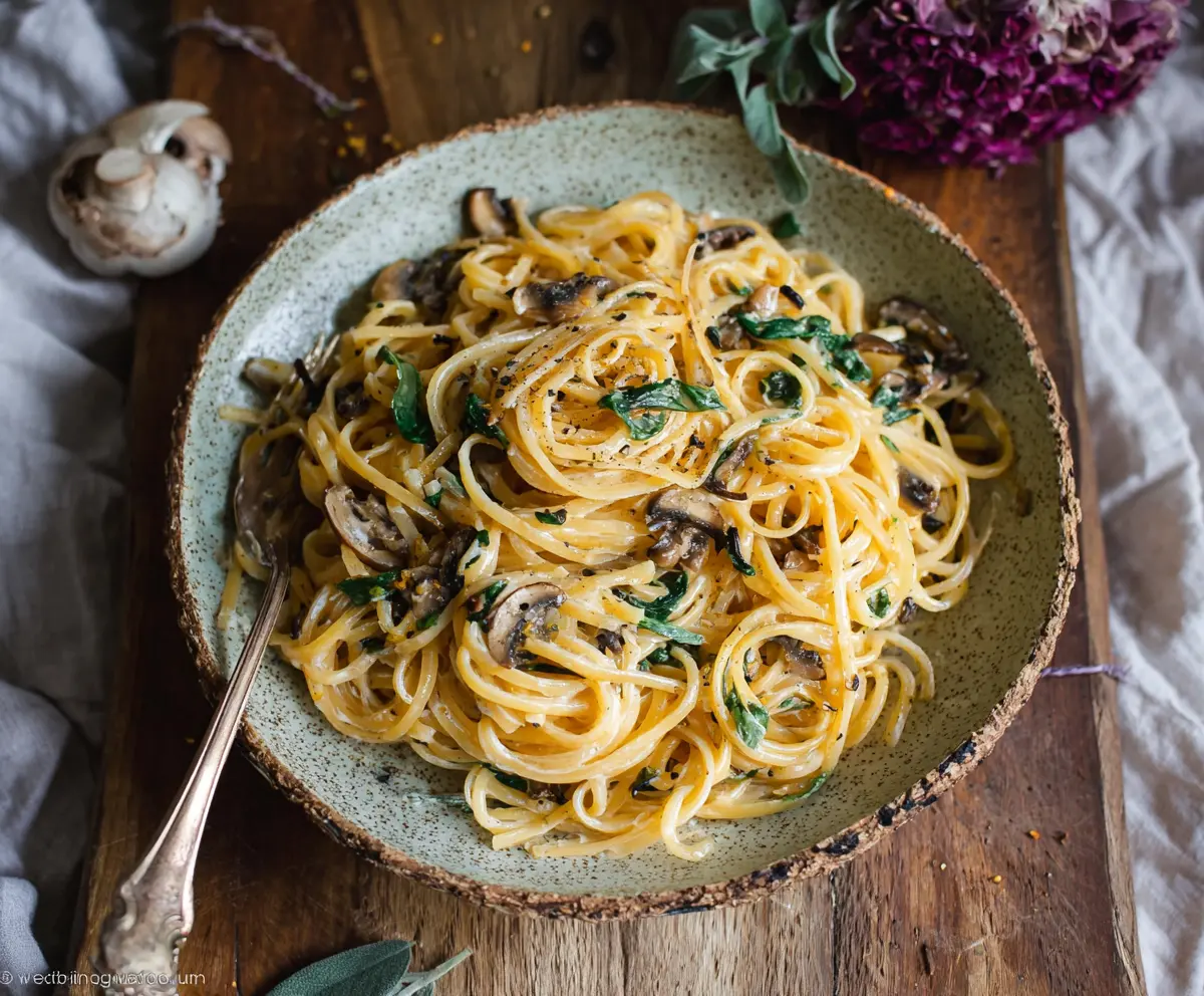 Delicious Miso Butter Pasta garnished with herbs on a white plate