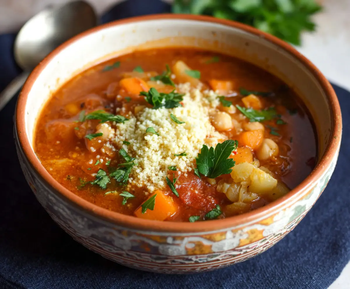 Bowl of Moroccan-spiced vegetable soup garnished with fresh herbs and served with fluffy couscous.