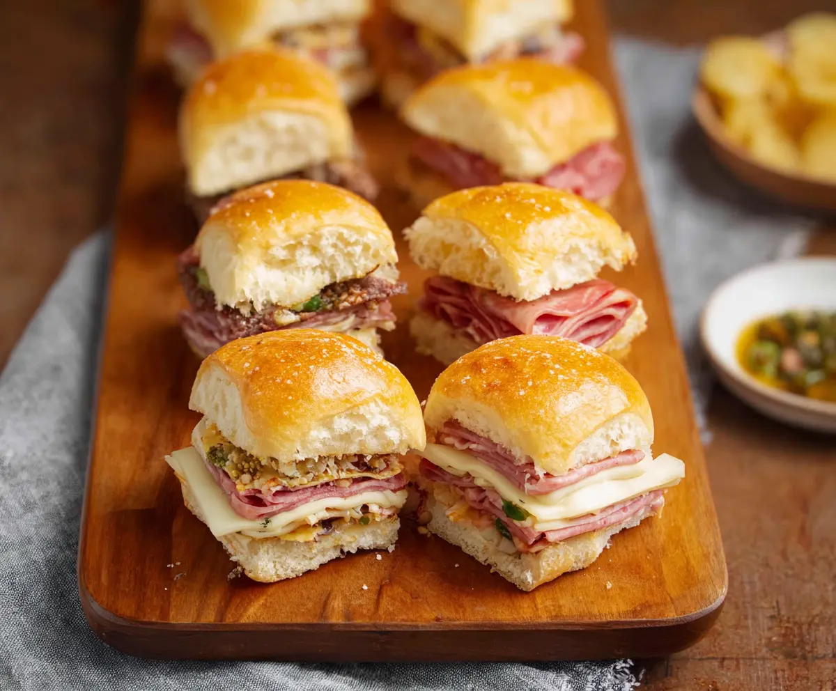 Delicious Muffuletta Sliders with layers of Italian meats cheese and marinated vegetables on a platter.