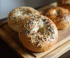 Fresh New York Style Sourdough Discard Bagels on a cutting board with a crispy crust and chewy interior.
