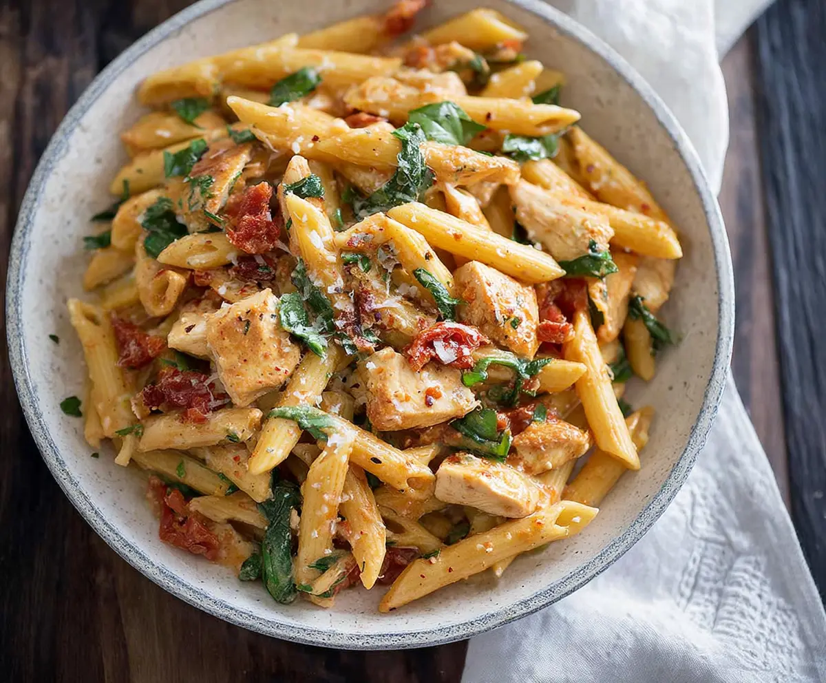 Creamy One Pot Tuscan Chicken Pasta with sun-dried tomatoes and spinach in a skillet
