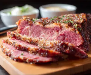 Delicious oven roasted corned beef with crispy edges and tender meat, perfect for a hearty meal