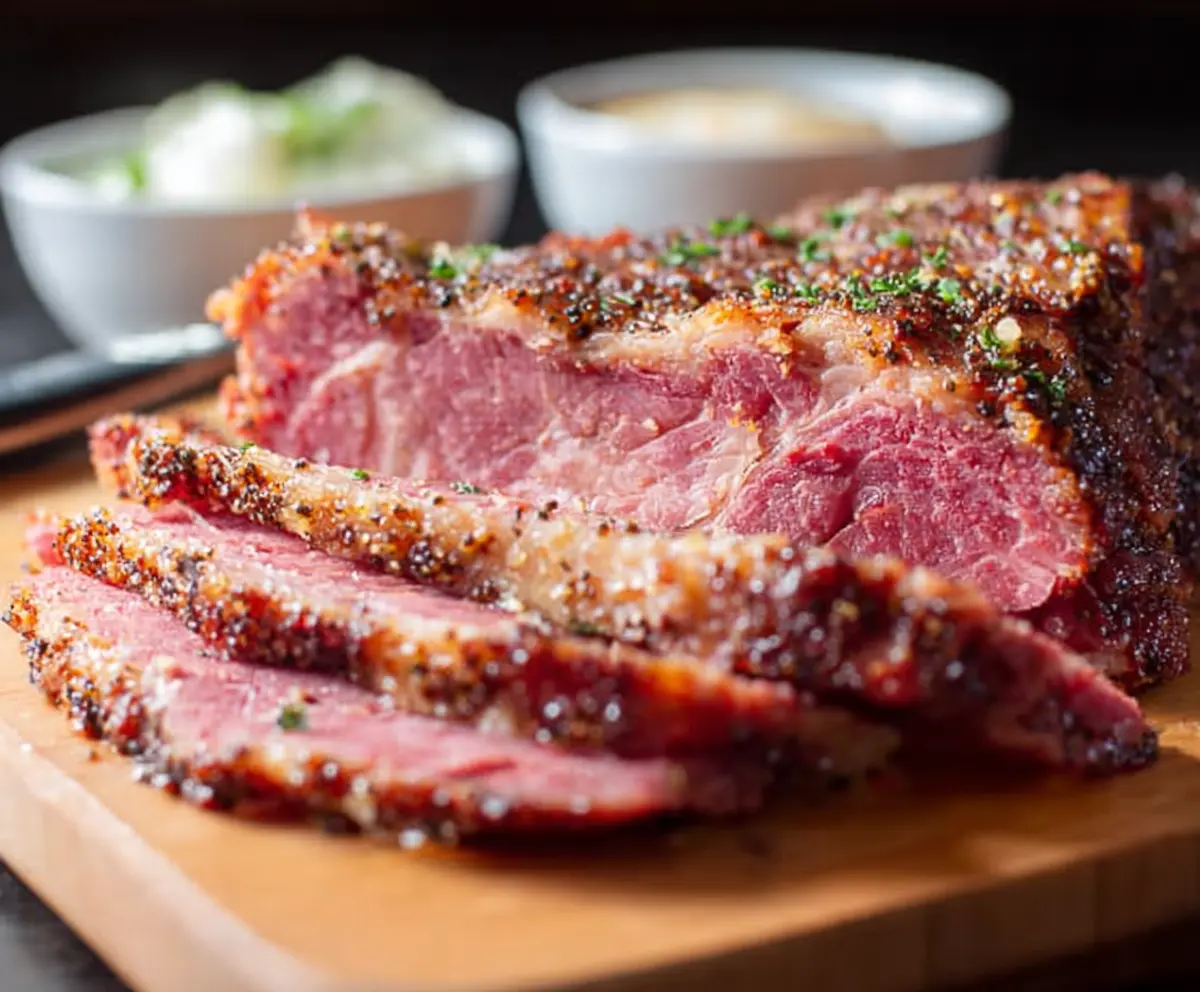Delicious oven roasted corned beef with crispy edges and tender meat, perfect for a hearty meal
