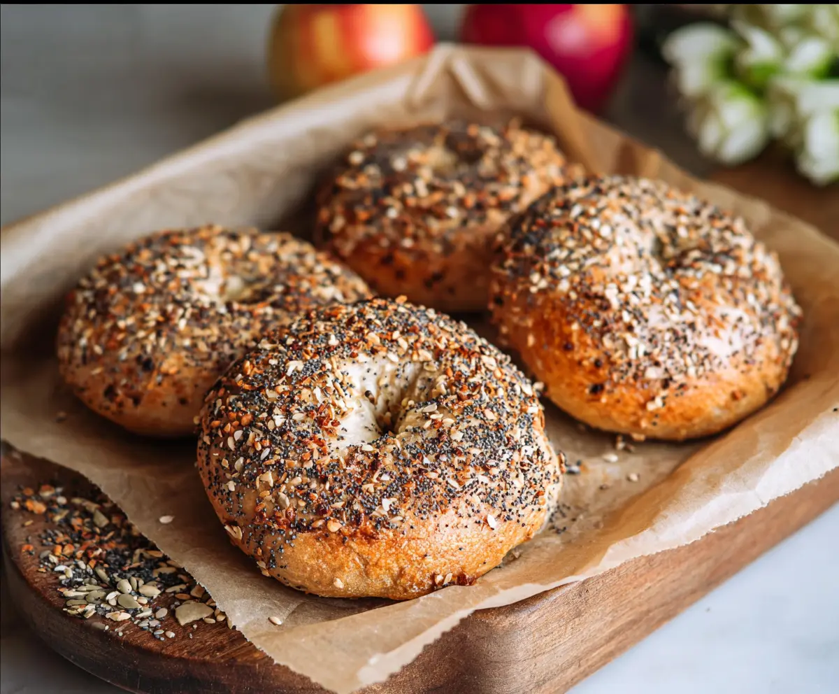 Delicious homemade overnight sourdough bagels placed on a rustic wooden surface, showcasing their crispy crust and chewy interior.