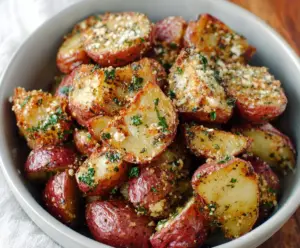 Delicious Parmesan Garlic Butter Red Potatoes garnished with fresh herbs, perfect for a flavorful side dish.