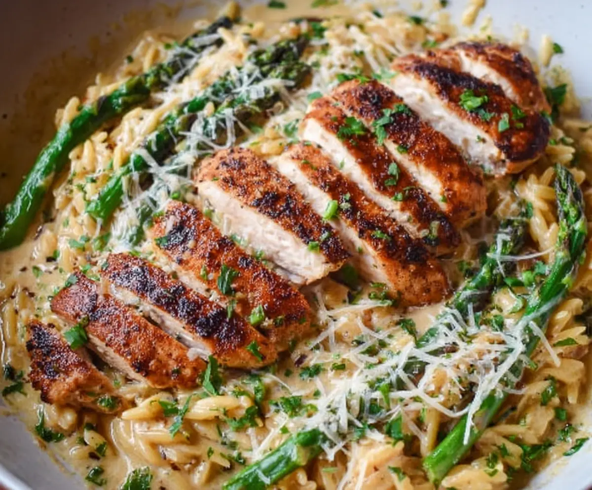 Delicious Parmesan orzo with tender chicken and fresh asparagus on a plate.