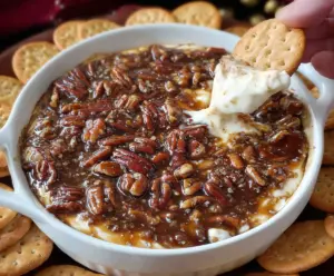 Delicious pecan pie dip in a bowl garnished with chopped pecans for a tasty dessert treat.