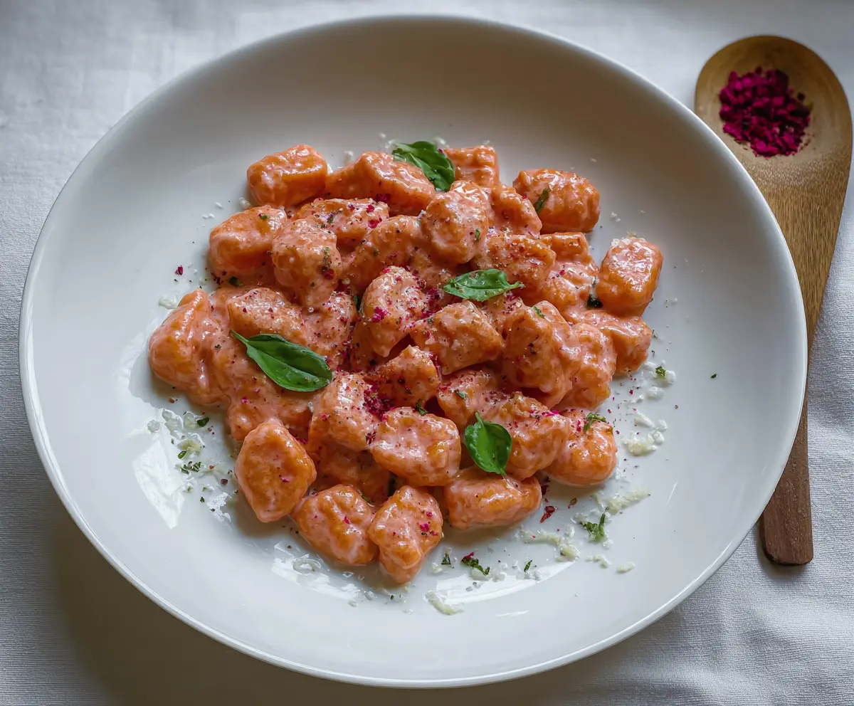 Colorful pink gnocchi served on a white plate, showcasing a vibrant and appealing Italian dish.