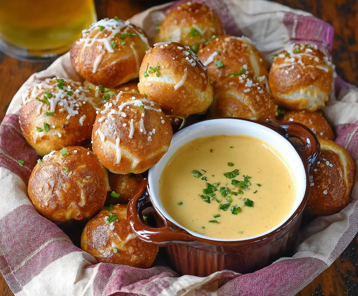 Delicious pretzel bites served with creamy beer cheese dip perfect for game day snacks.
