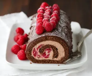 Delicious Raspberry Chocolate Swiss Roll dessert featuring rich chocolate sponge and fresh raspberries.