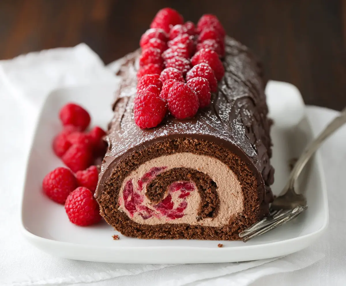 Delicious Raspberry Chocolate Swiss Roll dessert featuring rich chocolate sponge and fresh raspberries.