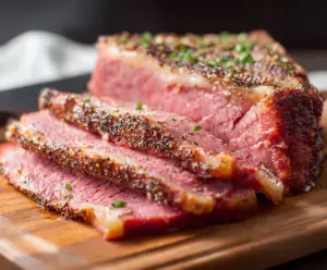 Delicious roasted corned beef served with crispy vegetables for a hearty meal