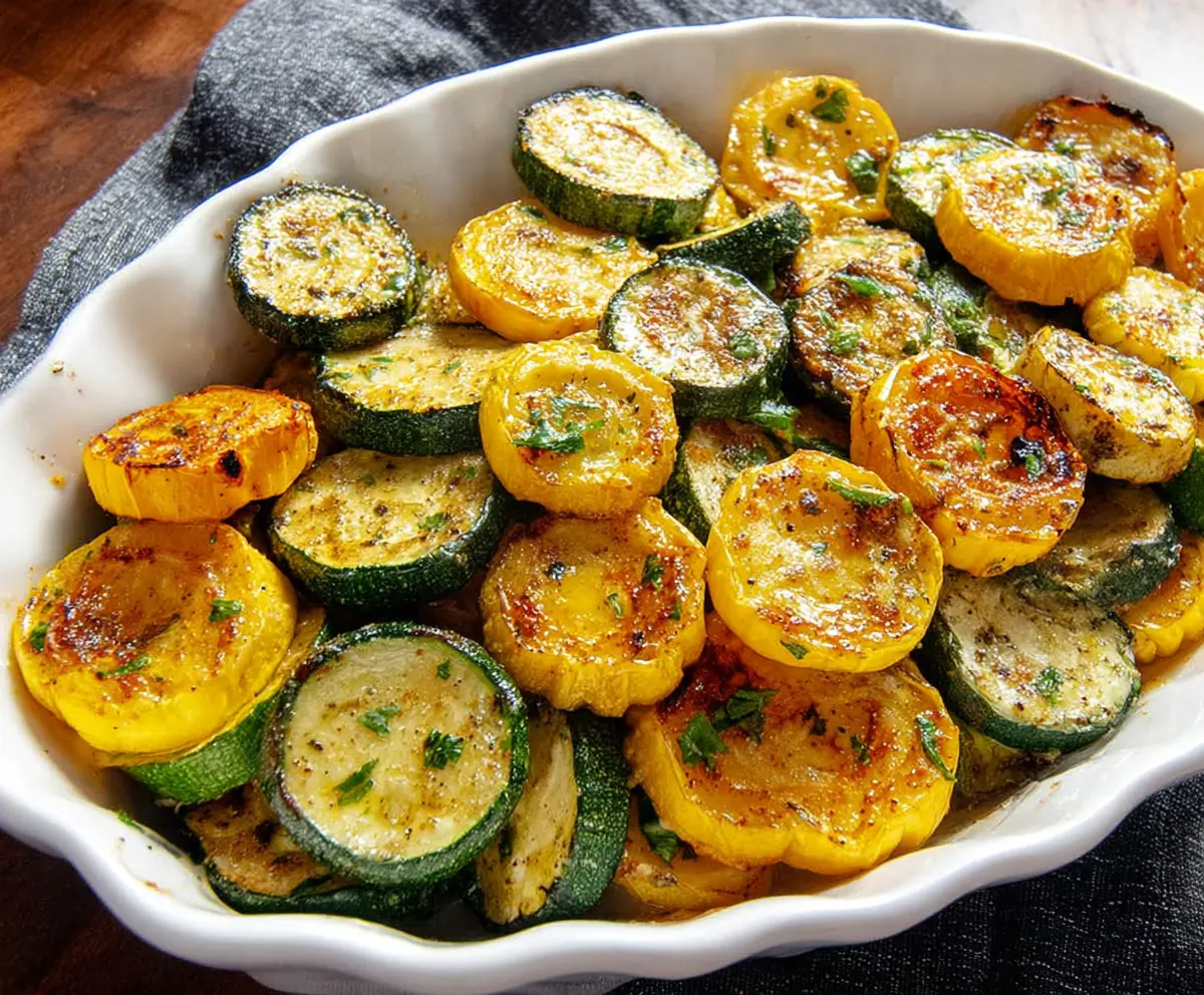 Colorful roasted zucchini and squash slices on a baking sheet, perfect for a healthy vegetable side dish.
