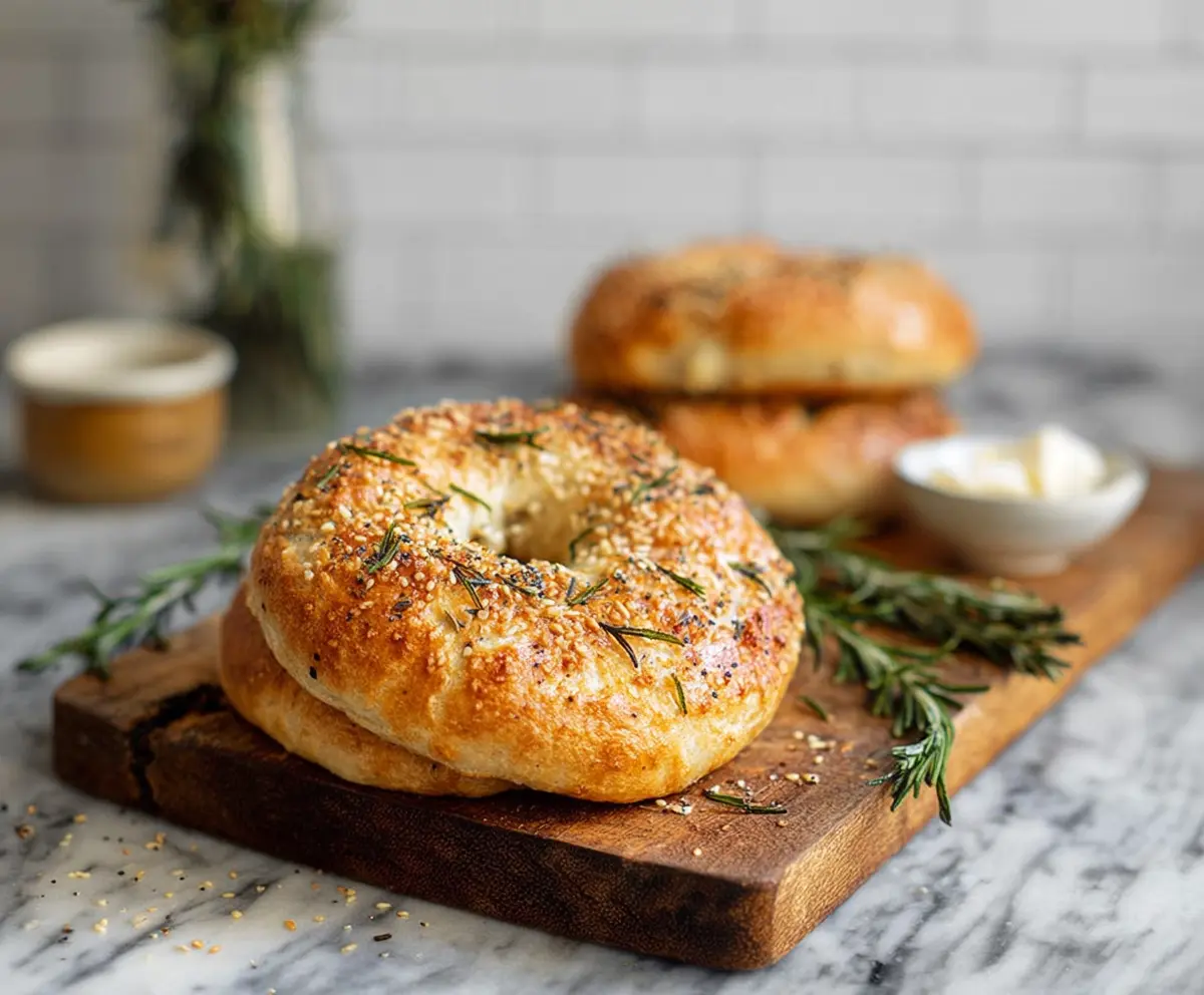 Freshly baked rosemary bagels with a golden crust, perfect for breakfast or a snack.