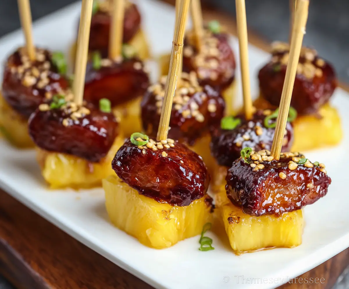 Delicious sausage and pineapple bites served on a plate, perfect for appetizers or snacks.