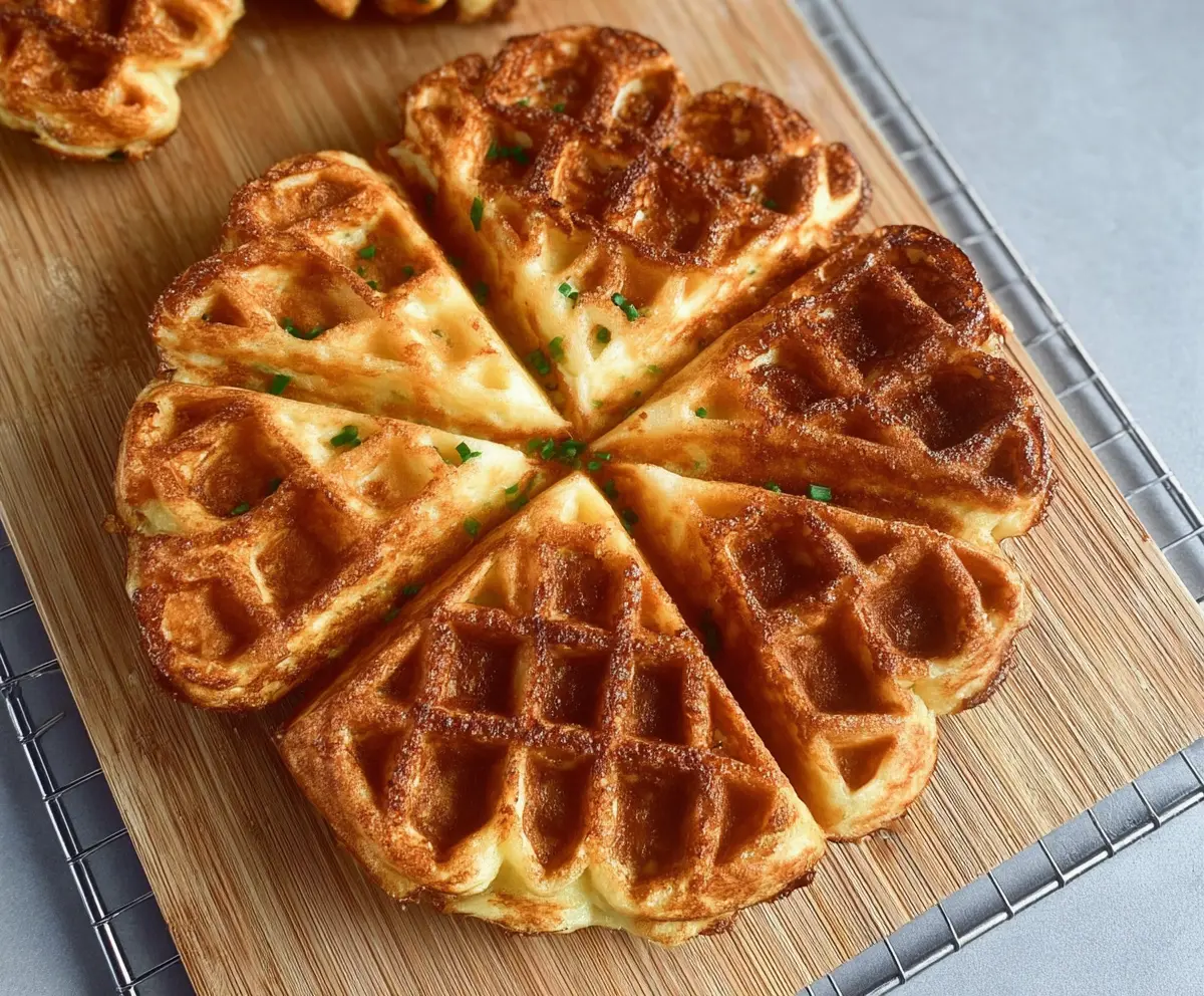Delicious savory sourdough cheese waffles on a plate, perfect for breakfast or brunch.