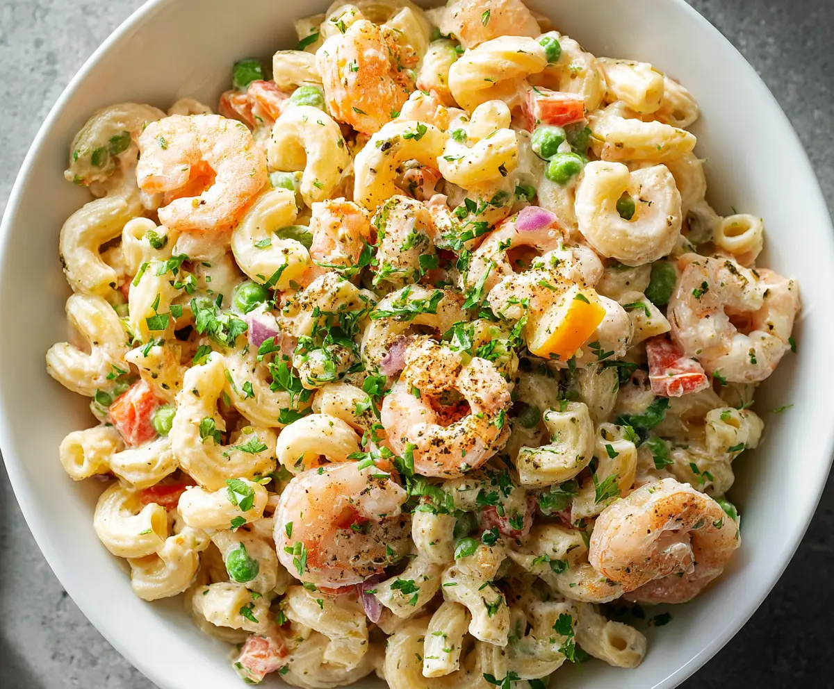 Delicious seafood macaroni salad with shrimp, perfect for a light summer meal.