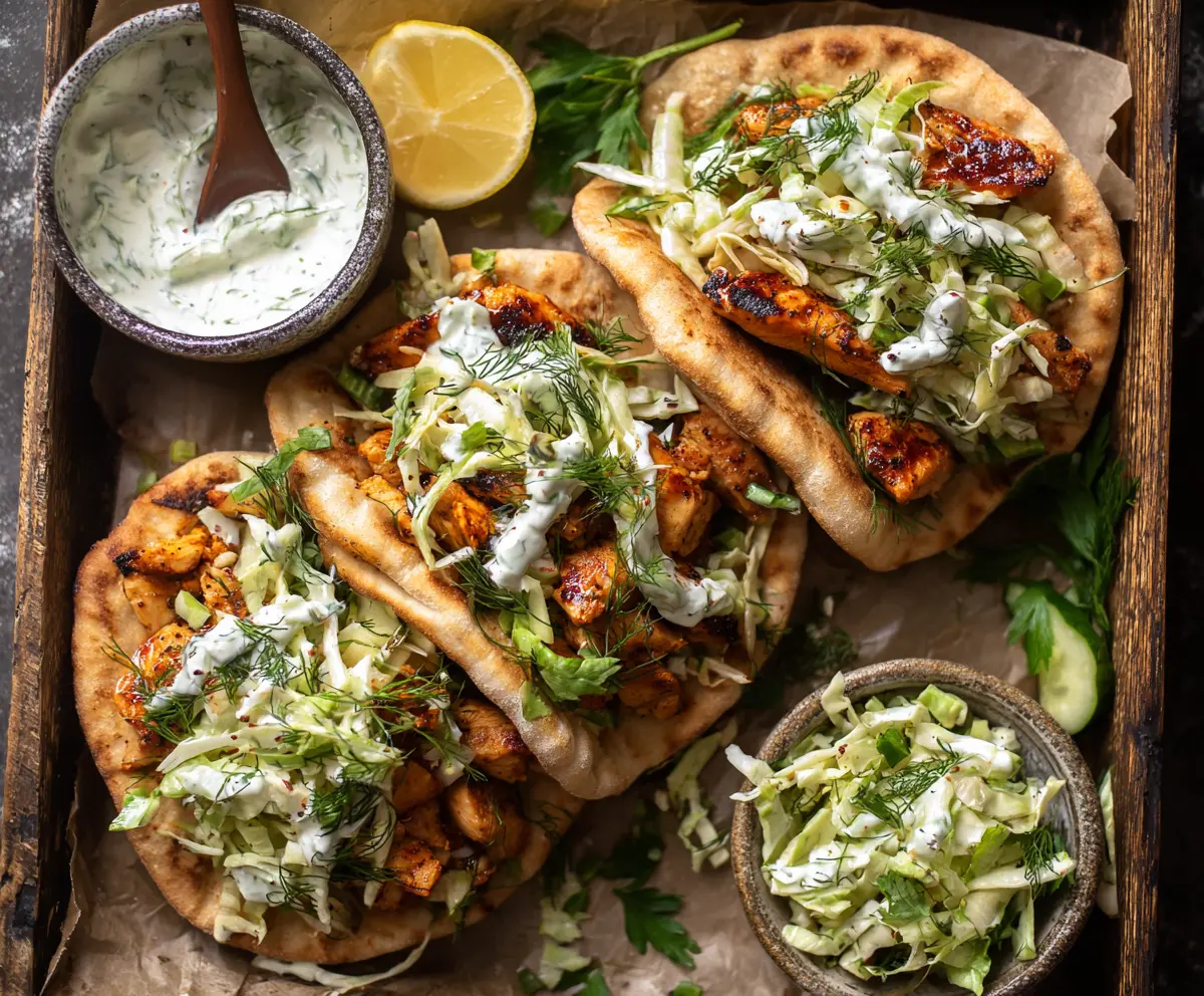 Delicious sheet pan chicken pitas topped with fresh herb ranch slaw for a flavorful meal.