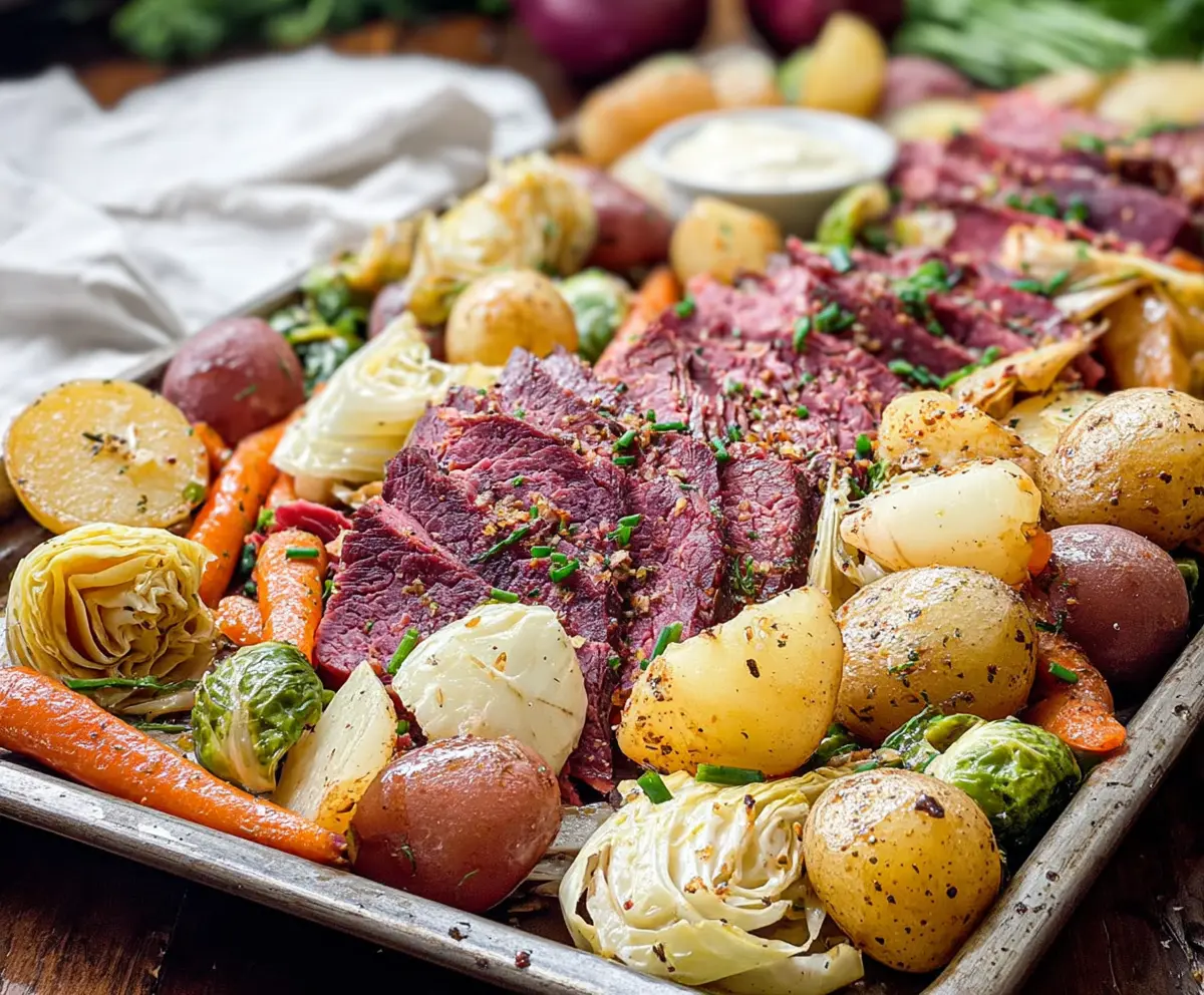 Delicious sheet pan corned beef and cabbage meal served with vibrant vegetables and tender meat