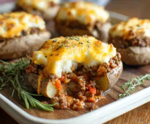 Homemade Shepherd's Pie served in baked potato skins with minced meat and vegetables.